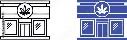 Cannabis Dispensary Storefront Icon Set – Medical Marijuana Shop Building Symbols in Outline Black and Solid Blue Design