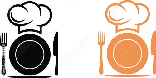 Chef Hat with Plate and Cutlery Icon Set – Restaurant, Cooking and Food Service Symbols in Black and Orange Flat Design