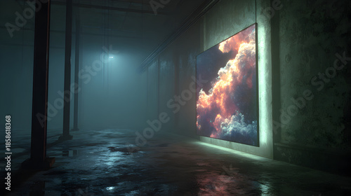 Modern Art Gallery Exhibition with Glowing Digital Canvas Displaying Vibrant Nebula Clouds in Dark Industrial Space