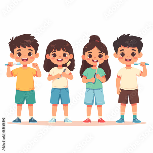 Four happy cartoon children, two boys and two girls, smiling and holding toothbrushes, promoting good dental hygiene habits.