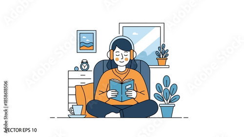 Illustration of a man sitting cross-legged in a chair, reading a book in a cozy room with plants and a window with a city view.