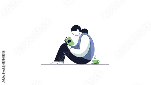 Illustration of a woman sitting on the floor with a mug and a book in a simple, flat style with a calm mood.