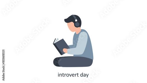Illustration of a man sitting cross-legged wearing headphones and reading a book on a plain white background.