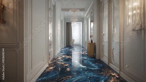 Elegant hallway perspective with ornate detailing and cosmic inspired flooring