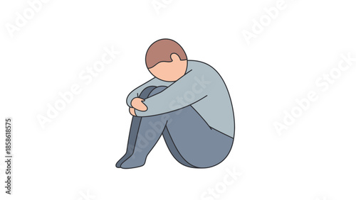 A cartoon illustration of a sad young man sitting alone with his head down in a blue shirt against a white background with a melancholic mood.