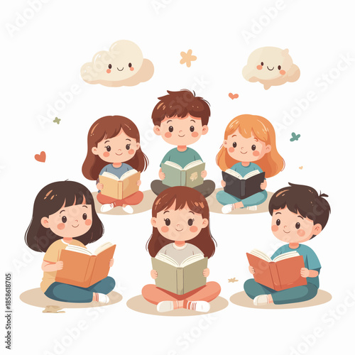 Six cute cartoon children sitting in a circle, happily reading books together, surrounded by whimsical clouds and hearts.
