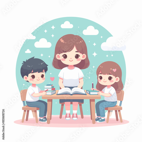 A cute cartoon illustration of a female teacher helping two young students, a boy and a girl, with their studies at a table with books.