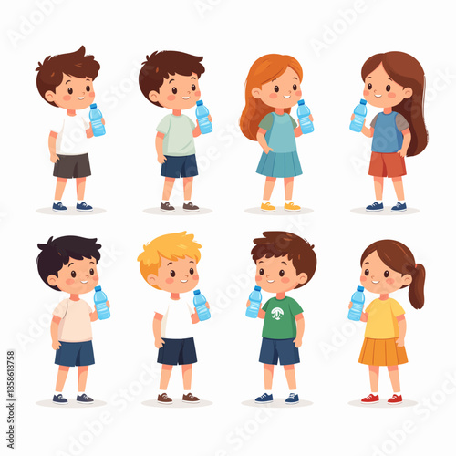 Eight diverse cartoon children, four boys and four girls, standing and holding individual water bottles, promoting hydration.