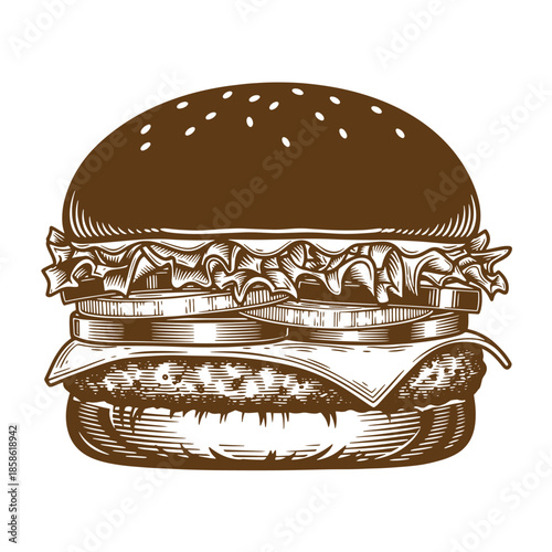 Vintage A detailed illustration of a hamburger with sesame seed bun lettuce and cheese isolated on white background