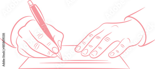 Hand Writing on Paper Line Art Illustration – Minimal Pink Outline Drawing of Signing Document, Contract or Letter by Hand
