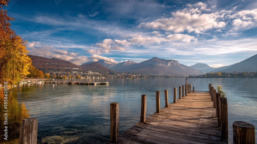 Obraz premium A wooden pier on Lake Annecy at sunrise, with the city and mountains in the background, framed by autumn colors, golden hour light, blue sky, and white clouds, capturing a cinematic lake view.
