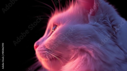 Elegant white cat illuminated by pink and purple light against black