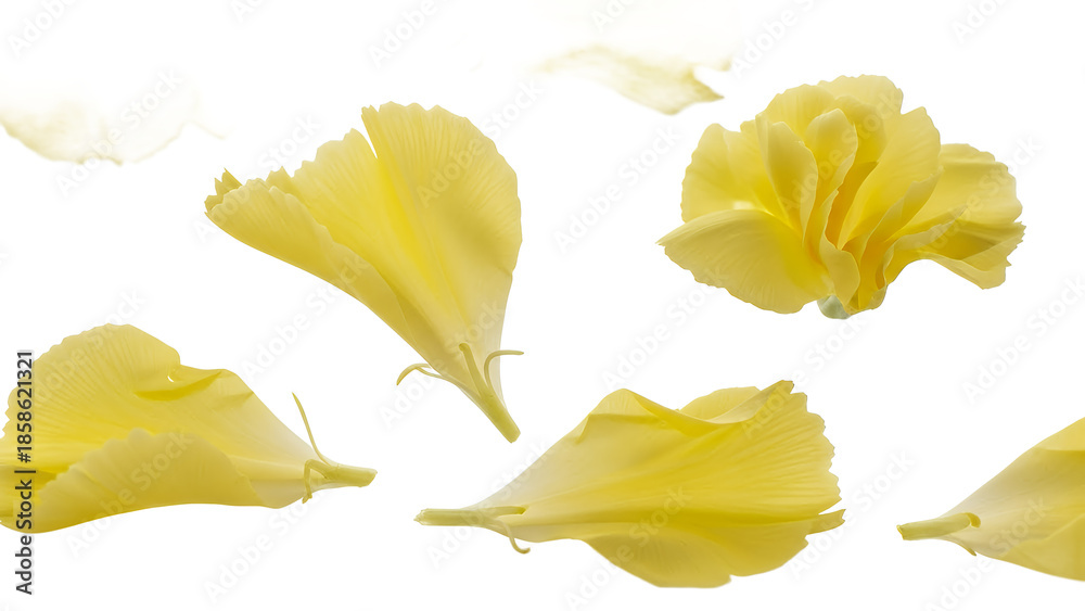 Naklejka premium Yellow flower petals floating in mid-air against a white background