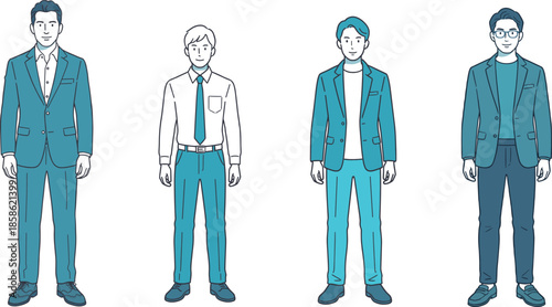 ビジネスシーンで使える男性全身イラストセット　スーツ・オフィス・人物素材（AI制作）