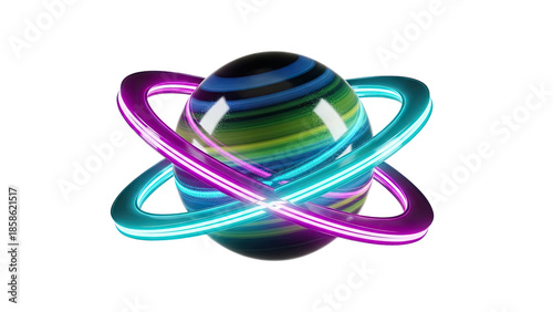 Vibrant 3D Rendered Sphere with Intersecting Neon Rings.