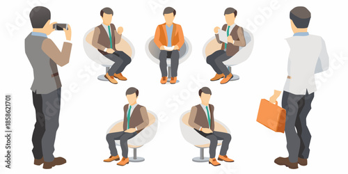 Group of men in suits and casual wear some sitting and one taking photos