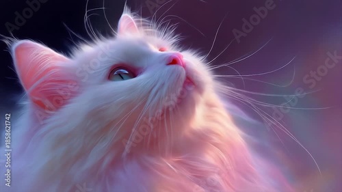 Elegant white cat with pink highlights looking upward against a soft background