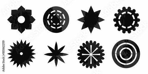 Collection of diverse black and white circular and star shaped design elements