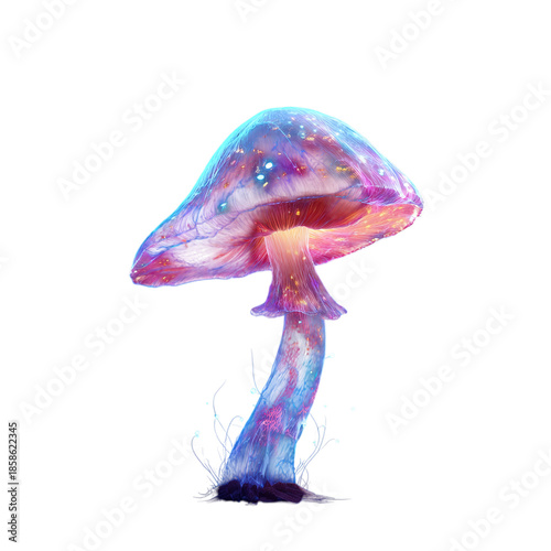 A mesmerizing and vibrant bioluminescent mushroom, glowing with an otherworldly, ethereal light, perfect for fantasy themes