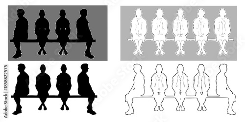 Silhouettes of people seated on a bench presented in both dark and light variations