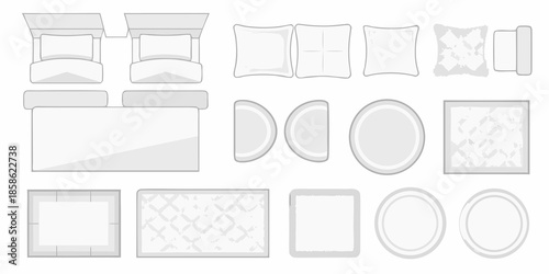 Overhead view of furniture arrangement beds sofas tables and rugs