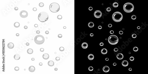 A comparative view of soap bubbles in white and grayscale backgrounds