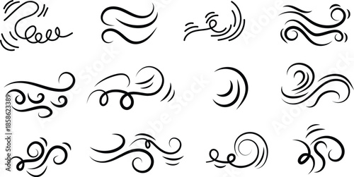 Doodle wind line sketch set. Hand drawn doodle wind motion, air blow, swirl elements. Sketch drawn air blow motion, smoke flow art, abstract line. Isolated vector illustration.