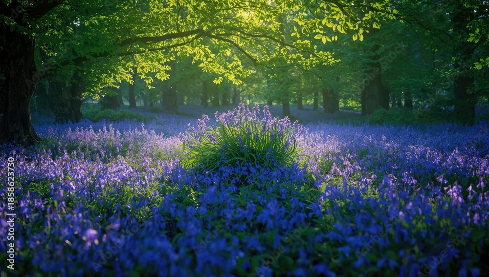 Naklejka premium Under a lush green beech canopy, sunlight streams into a bluebell woodland with colorful blue purple flowers, highlighting natural illumination