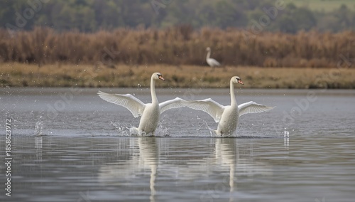 Two Trumpeter Swans descending onto water surface, highlighting avian landing mechanics, for bird conservation awareness
