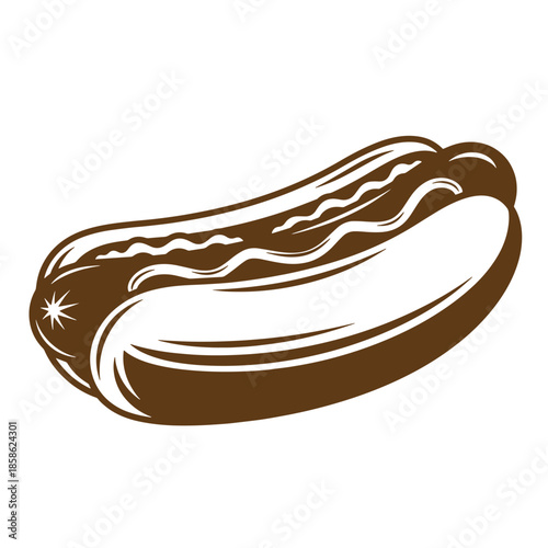 Vintage Brown hot dog illustration with white highlights on transparent background