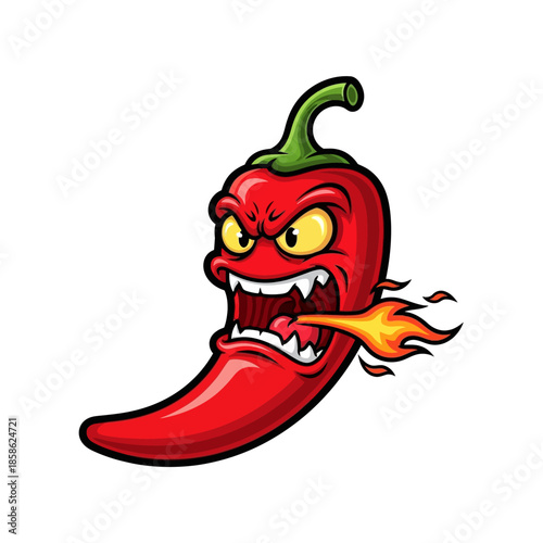 Furious Red Chili Pepper Illustration With Flames Coming Out Of Its Mouth