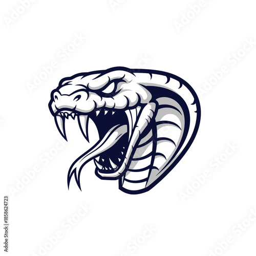Fierce graphic illustration of an angry cobra snake head with sharp fangs and open mouth, designed as a powerful mascot or emblem conveying danger and untamed wildness