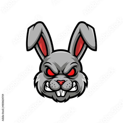 Fierce angry rabbit head mascot with glowing red eyes and sharp teeth. Aggressive bunny character logo for a sports or esports team emblem