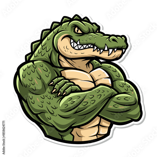 Mascot alligator with muscular arms crossed, fierce expression, perfect for sports teams or gaming logos