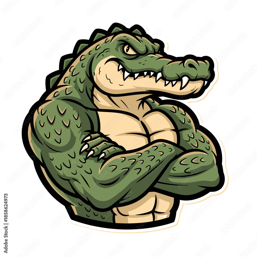 Obraz premium Powerful cartoon alligator mascot with strong muscular build and determined expression, arms crossed, embodying resilience and fierce competitiveness for sports branding or team emblem designs