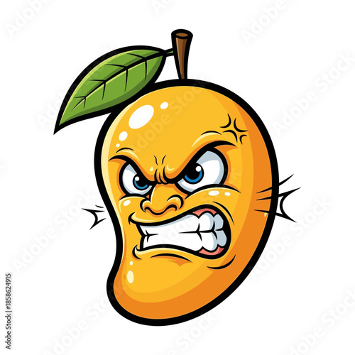An Angry Cartoon Mango Character with a Fierce Expression and a Leaf
