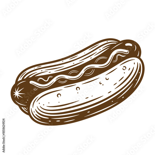Vintage Brown hot dog with white lines and condiments on white background