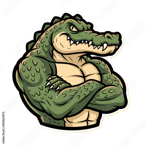 Powerful cartoon alligator mascot with strong muscular build and determined expression, arms crossed, embodying resilience and fierce competitiveness for sports branding or team emblem designs