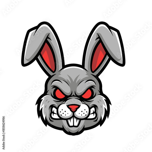Furious cartoon rabbit mascot head, featuring an intimidating expression with bared fangs and glowing red eyes, perfect for competitive branding and apparel design