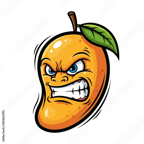 Angry Mango Character with Grinning Teeth and Green Leaf, Cartoon Style