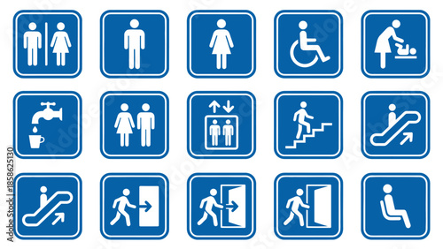 Vector icons Collection of Blue and White Public Information Signs for Various Facilities and Services. Vector Illustration. EPS Editable