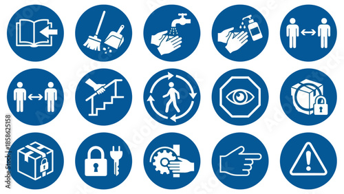 Vector icons Collection of Blue Mandatory Safety and Warning Signs for Workplace and Public Spaces. Vector Illustration. EPS Editable