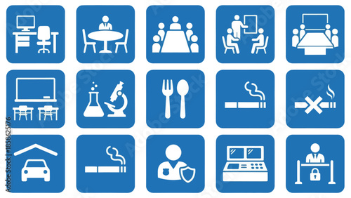 Vector icons Collection of blue square icons with white pictograms representing various public and office facilities and regulations. Vector Illustration. EPS Editable