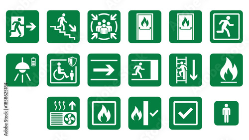 Vector icons Collection of Green and White Emergency Exit and Safety Signs. Vector Illustration. EPS Editable