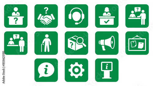 Vector icons Collection of Green Square Icons for Customer Service and Information. Vector Illustration. EPS Editable