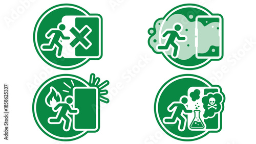 Vector icons Emergency Exit Signs Safety Icons for Various Hazards and Evacuation Scenarios. Vector Illustration. EPS Editable