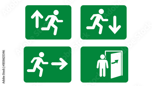 Vector icons Emergency Exit Signs Collection Green Rectangular Panels with White Pictograms for Safety and Evacuation Directions. Vector Illustration. EPS Editable