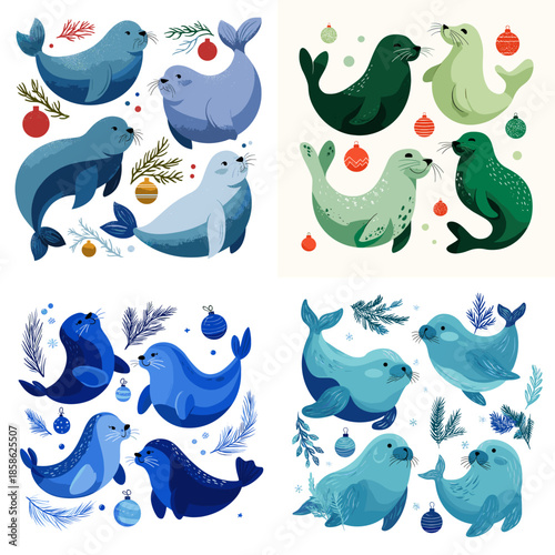 Playful whale and dolphin characters swimming among water drops and sea elements in a bright illustration set for kids learning nursery art and ocean themes
