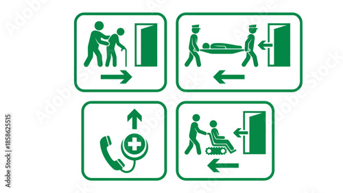 Vector icons Set of four green and white medical emergency and assistance signs depicting patient transport elderly care and emergency call services. Vector Illustration. EPS Editable
