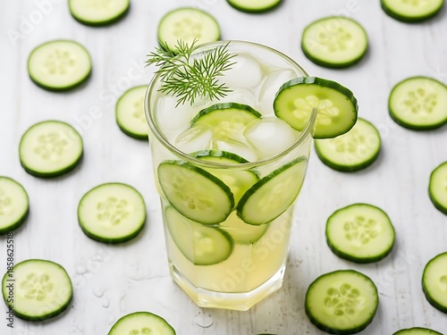 Refreshing Cucumber Infused Water with Dill on a Bright Wooden Background